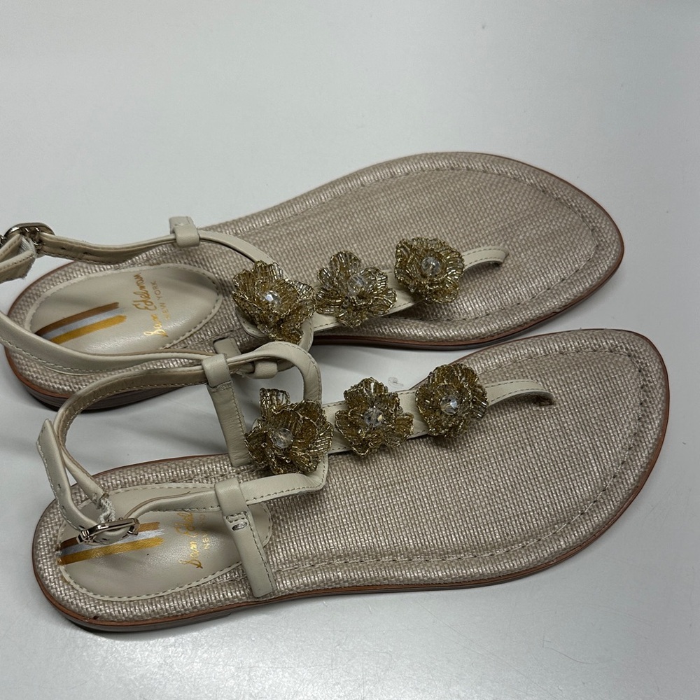 Sam Edelman Gigi Sandals Thong T-Strap Open Toe Shoes Beaded Floral Gold Size 8 - Picture 4 of 8